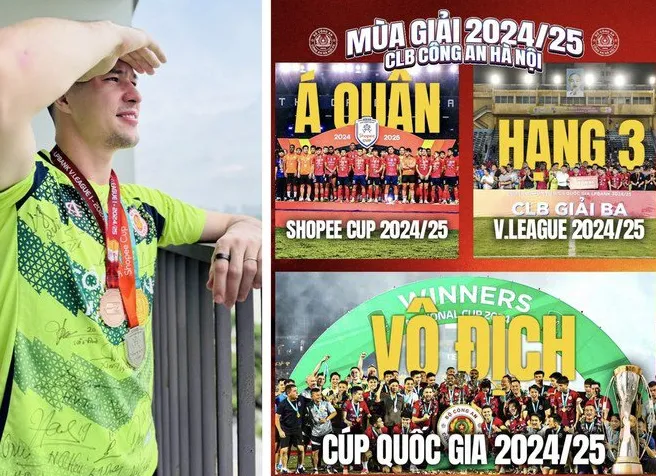 Thủ môn Nguyễn Filip (trái) hãnh diện khoe bộ sưu tập huy chương vàng-bạc-đồng sau mùa giải thành công trong màu áo CLB Công an Hà Nội