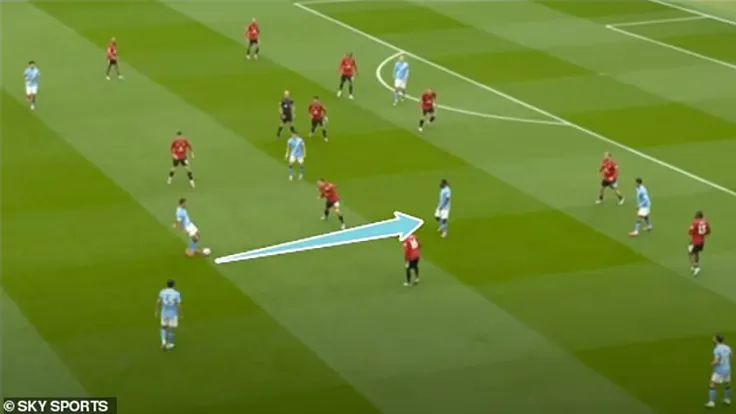 Trong quá trình dẫn đến bàn thắng mở tỷ số của Man City, Rodri (có bóng) đã có thể vượt qua Ugarte bằng đường chuyền đơn giản dài 5m tới Doku, người sau đó có thể quay lại và chạy về phía hàng phòng ngự của MU trước khi chuyền bóng cho Phil Foden ghi bàn.