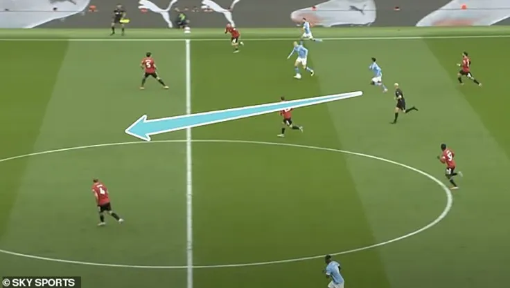 Sau đó, khi Man City đã dẫn 3-0, Bruno Fernandes đã không theo kịp Tijjani Reijnders, người đã thực hiện một pha chạy bóng đơn giản xuyên qua trung tâm hàng tiền vệ và hàng phòng ngự của MU trước khi Haaland tìm thấy anh ta bằng một đường chuyền. Suýt nữa Man City có bàn thứ 4 ở tình huống này.