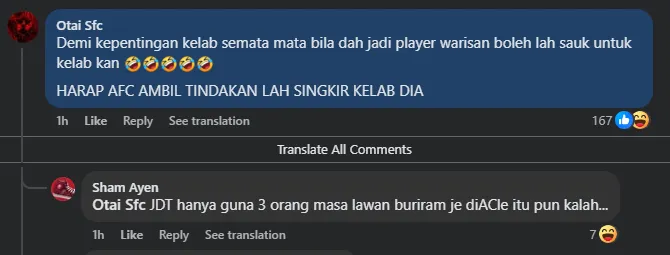 Trên Facebook, các fan Malaysia kêu gọi AFC (LĐBĐ châu Á) đuổi Johor Darul Ta'zim (JDT) khỏi Cúp C1 châu Á vì dùng 3 cầu thủ nhập tịch trái phép (dòng dưới là một fan cười nhạo rằng JDT dùng cả 3 cầu thủ mà vẫn thua Buriram)