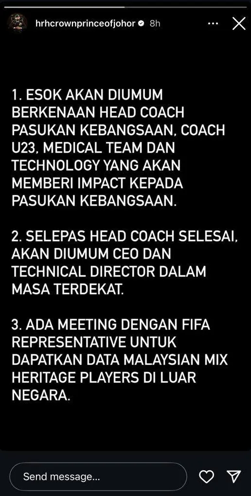 Bức ảnh chụp từ tài khoản Instagram của Thái tử bang Johor, trong đó ghi rõ mục 3 rằng 