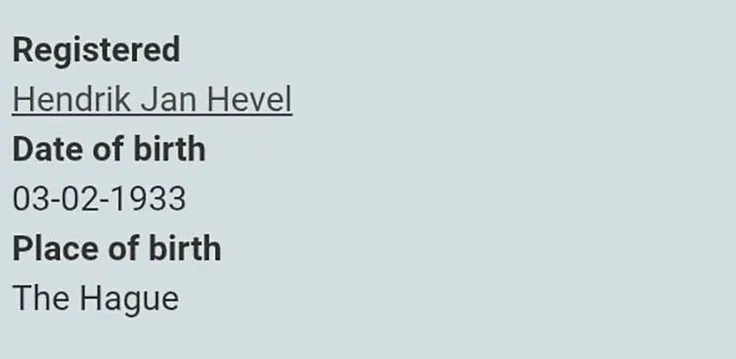 Hồ sơ cho thấy Hendrik Jan Hevel - ông nội của Hector Hevel sinh ra tại Hà Lan